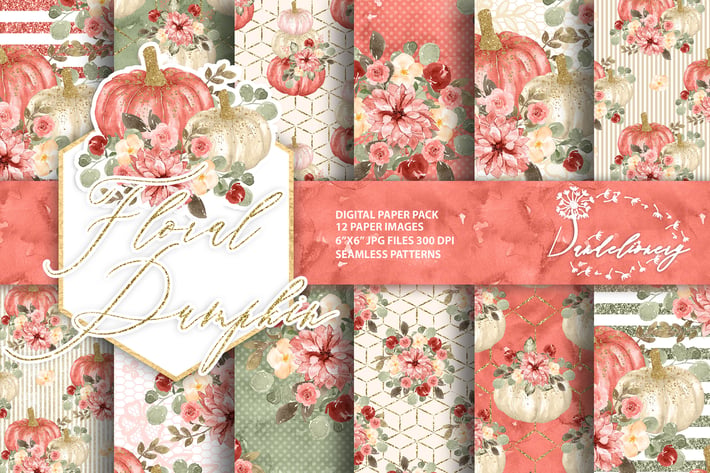 Floral pumpkin digital paper pack