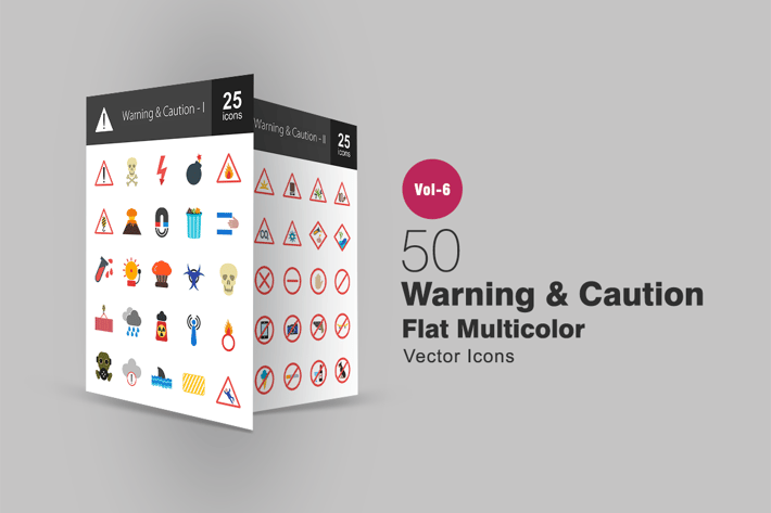 50 Warning & Caution Flat Multicolor Icons