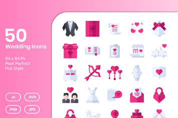 50 Wedding Icons Set - Flat