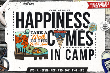 Happiness Is Camp Badge Vector Retro Graphic Logo