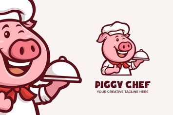 Cute Piggy Chef Restaurant Mascot Character Logo