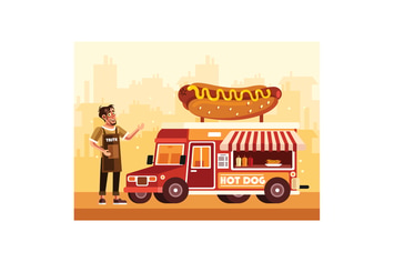 Hot Dog Street Food Truck with a Seller