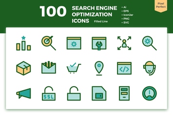 100 Search Engine Optimization Icons (Filled Line)