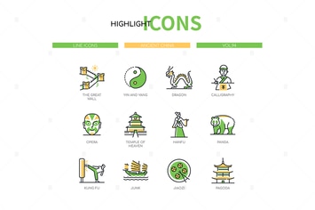 Ancient China - Modern Line Design Style Icons Set