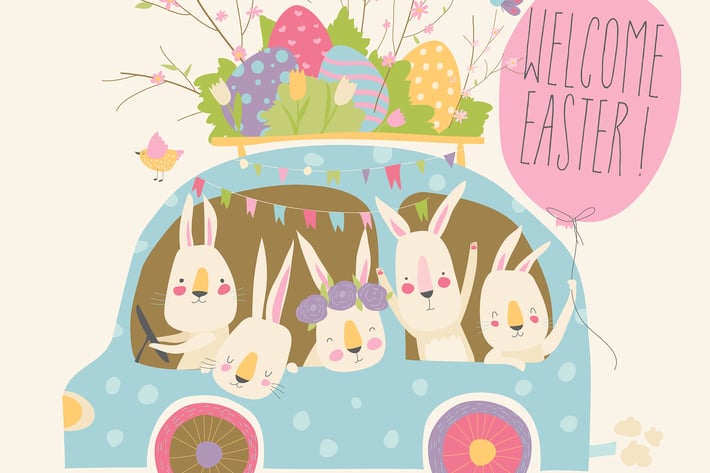 Cute cartoon bunnies driving a car with easter egg