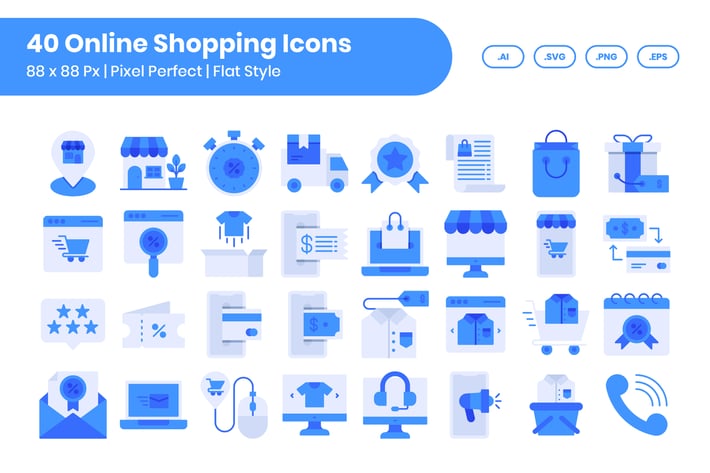40 Online Shopping Icons Set - Flat Style