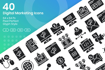 40 Digital Marketing Icons Set - Glyph
