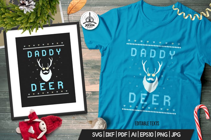 Vintage Ugly Christmas Print TShirt Design, Deer