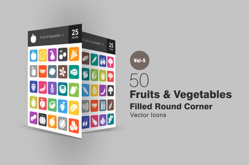 50 Fruits & Vegetables Flat Round Corner Icons