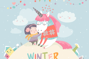 Cute girl hugging unicorn. Winter wonderland. Vect