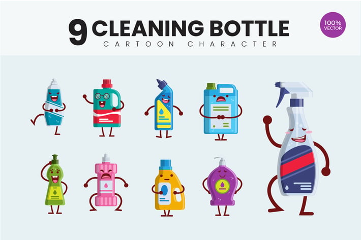 9 Cute Cleaning Bottle Vector Illustration
