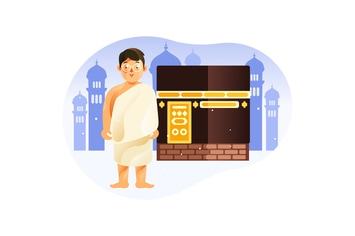 Kid in front of Kaaba Mecca wearing ihram