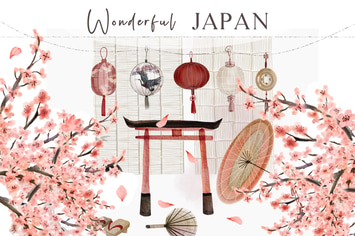 Watercolor Japan - hand drawn illustrations set