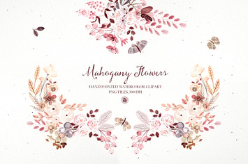 Mahogany Flowers - watercolor clipart and frames