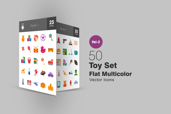 50 Toy Set Flat Multicolor Icons