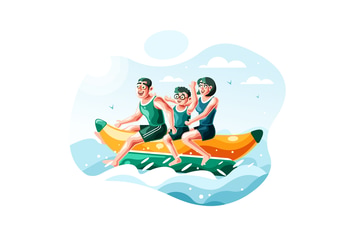 Family riding banana boat