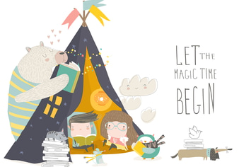 Kids reading book with animals in a teepee tent . 