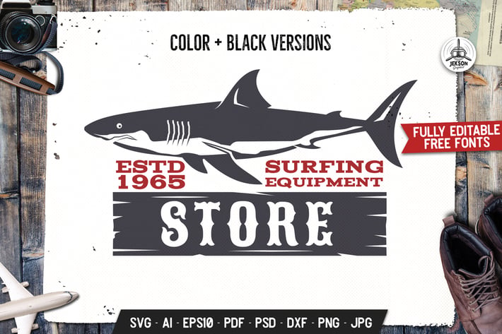 Surfing Adventure Logo Template Shark Retro Design