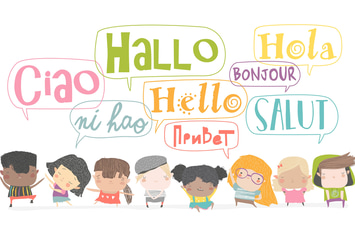 Group of cartoon kids talking in different languag