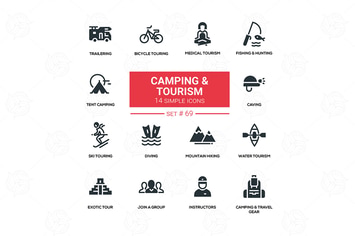 Camping and tourism - line design silhouette icons