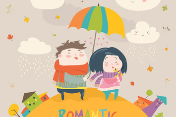 Cute couple with an umbrella in the autumn rain. 