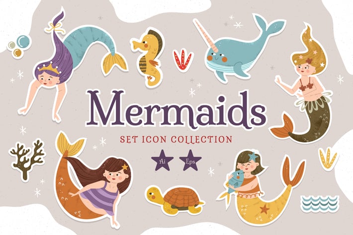 Mermaid Cute Set Icons Collection