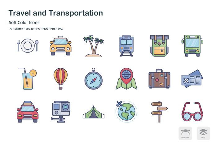 Travel and transportation soft color icons