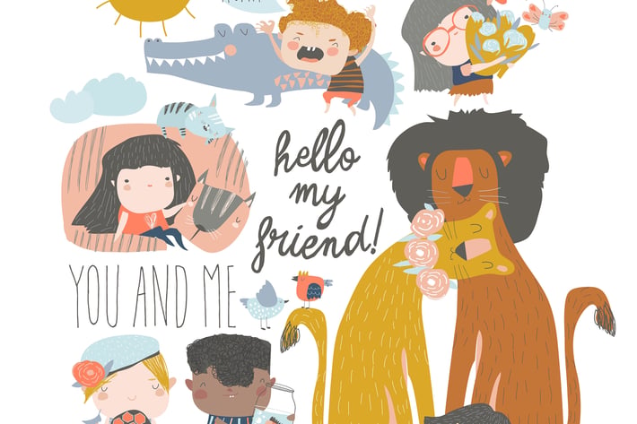 Vector set of cute cartoon kids with wild animals