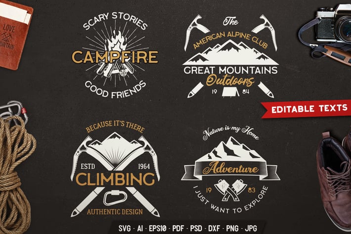 Outdoors Adventure Logos Set, Retro Camp Badges