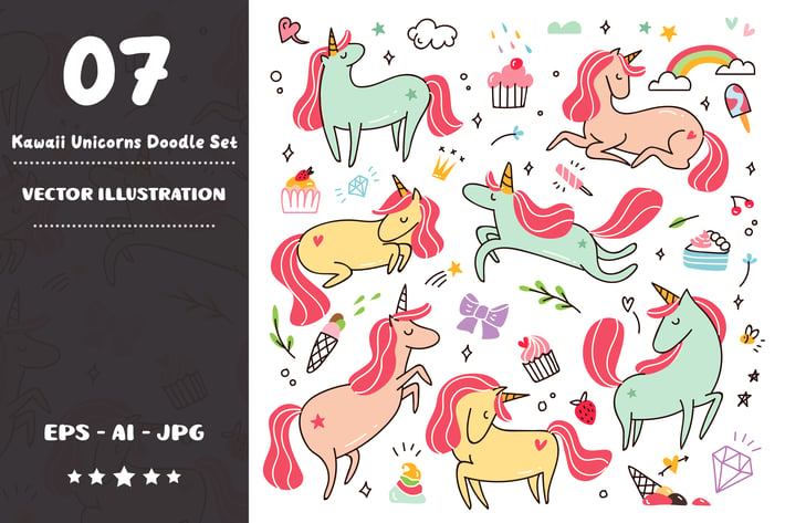 Kawaii Unicorns Doodle Set