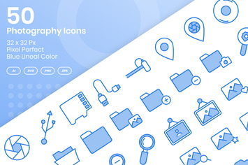50 Photography Icons Set Vol 1 - Blue Lineal Color