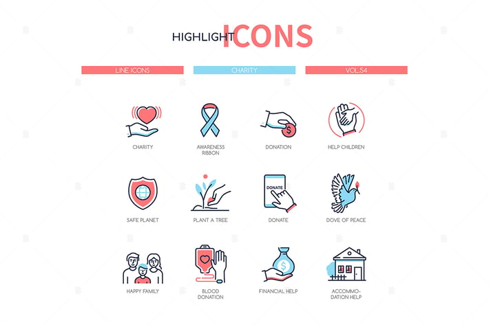 Charity concept - line design style icons set