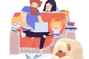 Happy family sitting on the couch with laptop. Vec