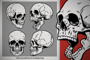 set hand drawn style of vintage human skull