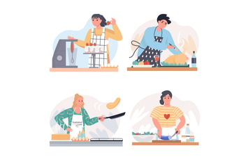Cooking At Home Concept Scenes Set