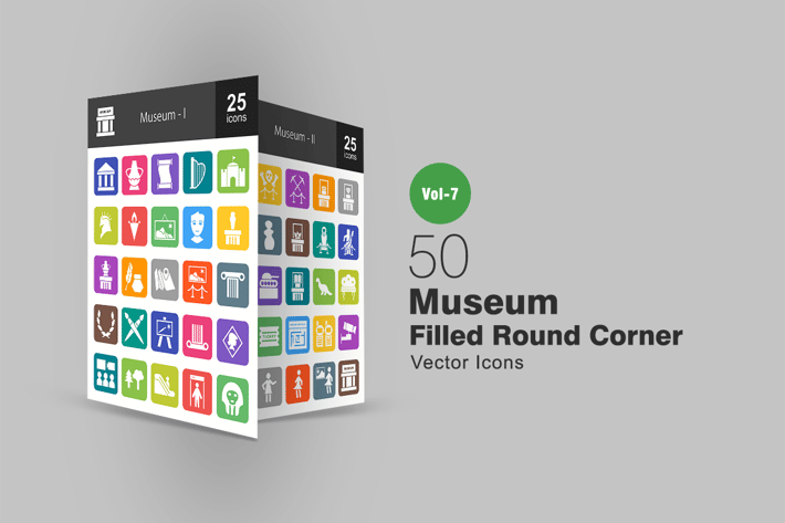 50 Museum Filled Round Corner Icons