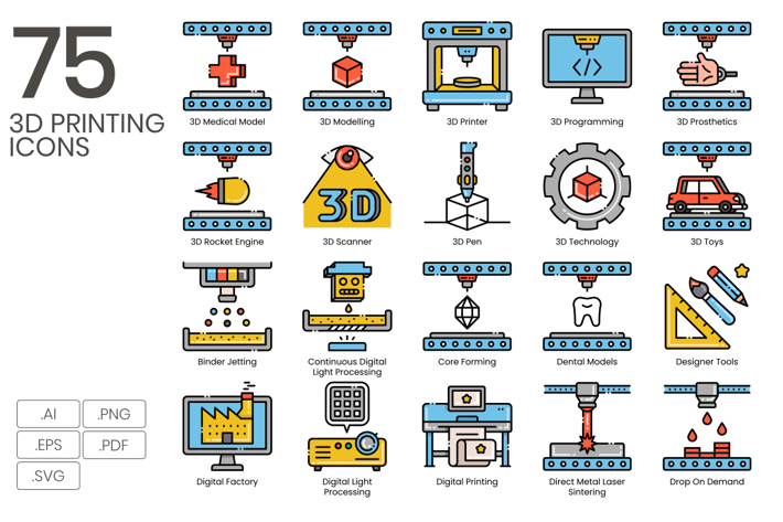 75 3D Printing Line Icons