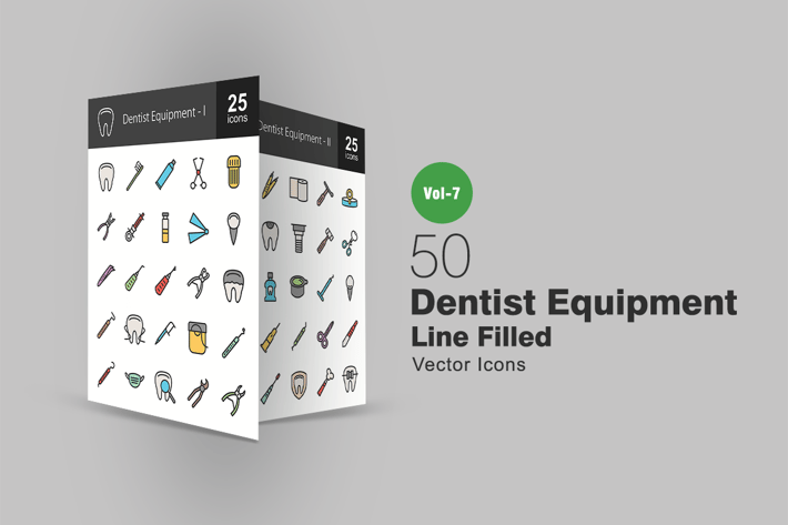 50 Dentist Equipment Filled Line Icons