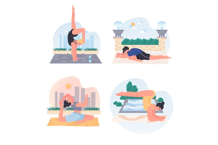 Men And Women Doing Yoga Concept Scenes Set