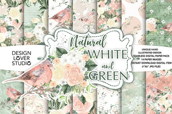 Watercolor flowers white green digital paper pack