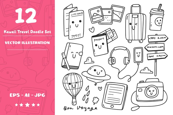 Kawaii Travel Doodle Set