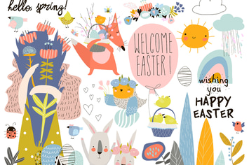 Cute cartoon animals with Easter theme. Happy East