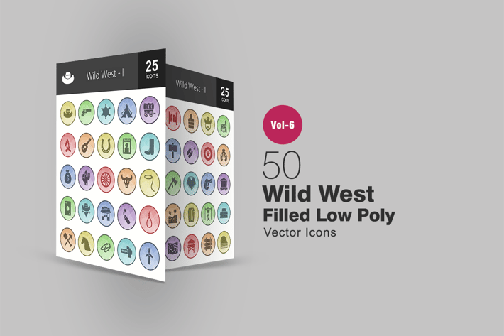50 Wild West Filled Low Poly Icons