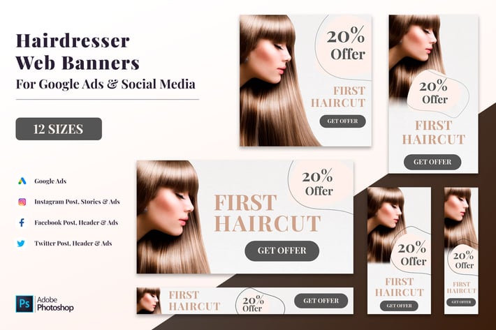 Hairdresser Web Banners, Google Ads Posts & Header