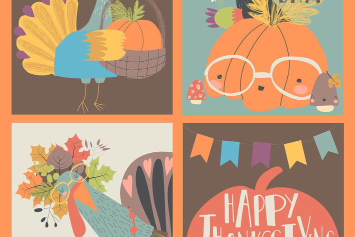 Vector set of Thanksgiving card with turkey and pu