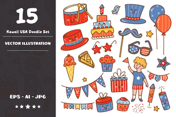 Kawaii USA Independence Day Doodle Set
