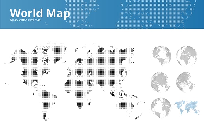 Square dotted world map and earth globes 