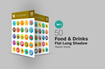 50 Food & Drinks Flat Long Shadow Icons