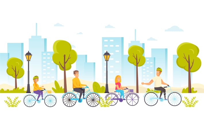 People Riding Bicycles Flat Scene Situation