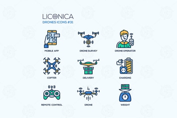 Drones - modern vector flat line design icons set